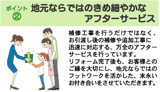 �|�C���g�A�@�n���Ȃ�ł͂̂��ߍׂ₩�ȃA�t�^�[�T�[�r�X�@��C�H�����s�������ł͂Ȃ��A�����n����̕�C��ǉ��H���ɐv���ɑΉ�����A���S�̃A�t�^�[�T�[�r�X���s���Ă��܂��B���t�H�[����������A���q�l�Ƃ̂������؂ɂ��A�n���Ȃ�ł͂̃t�b�g���[�N�����������A���i�����t�������������Ă��������܂��B