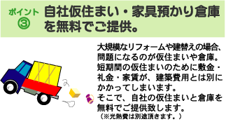 �|�C���g�B�@���Љ��Z�܂��E�Ƌ�a����q�ɂ𖳗��ł��񋟁B�@��K�͂ȃ��t�H�[���⌚�ւ��̏ꍇ�A���ɂȂ�̂����Z�܂���q�ɁB�Z���Ԃ̉��Z�܂��̂��߂ɕ~���E����E�ƒ����A���z��p�Ƃ͕ʂɂ������Ă��܂��܂��B�����ŁA���Ђ̉��Z�܂��Ƒq�ɂ𖳗��ł��񋟂��܂��B�i�����M��͕ʓr�����܂��B�j